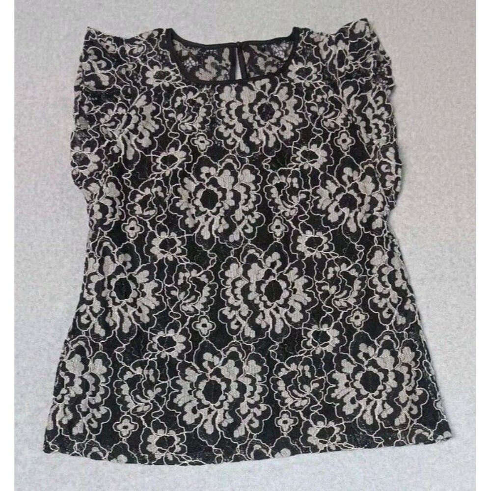 WHBM Lace Overlay Flutter Sleeve Blouse 8 Black White Floral Elegent Whimsigoth